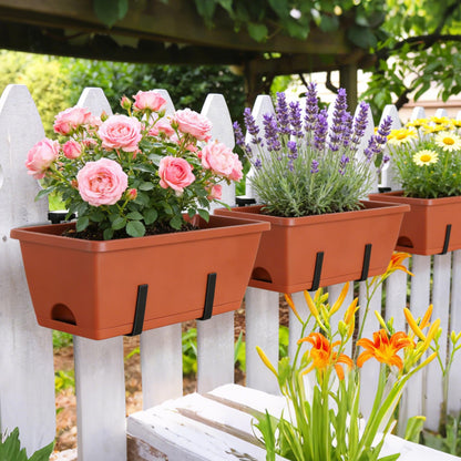 CADUKE 6 PCS Railing Planter Boxes, Planter Boxes with Adjustable Bracket, 17 Inch Deck Rail Planters for Outdoor Plants, Flower Pots for Balcony Garden Decor, Red