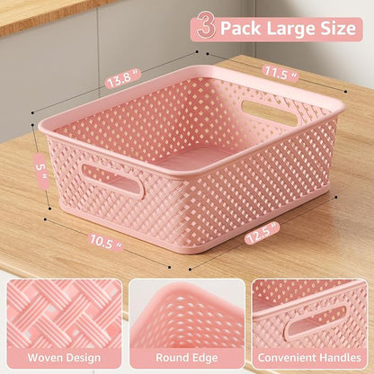 MaxGear 3 Pack Plastic Storage Baskets, Large, Pink | Durable Woven Plastic with Built-In Handles, Suitable for Shelves, Closets, Cabinets, Bathrooms and Offices