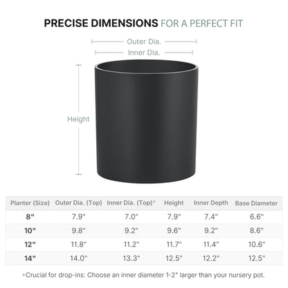 FaithLand 14 Inch Fiberstone Planter - Lightweight Modern Cylinder Plant Pot with Drainage Hole & Plug, Indoor Outdoor Use, Matte Black