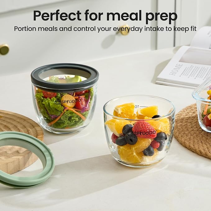 Glass Meal Prep Bowls Set - Leakproof Lids,13 oz (4-Pack Grey) Perfect for Meal Prepping, Portion Control, and On-the-Go Lunches BPA-Free