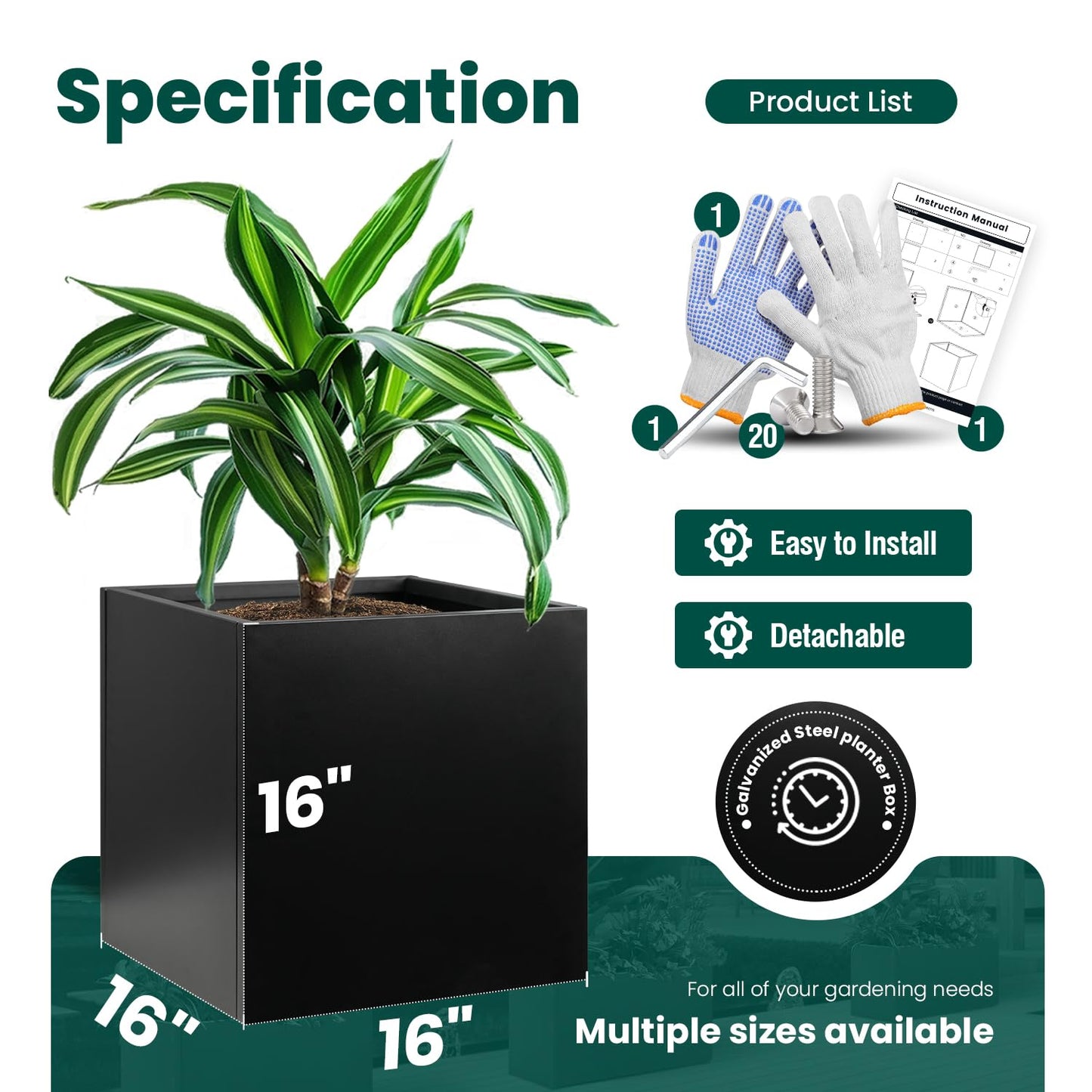 GZGNEEVL Galvanized Steel Planter Box Black Metal Planter 16Inch Square Indoor Outdoor Planters Cube Steel Heavy Duty Powder Coating Modern Commercial Residential for Patio, Yard, Garden