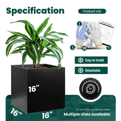 GZGNEEVL Galvanized Steel Planter Box Black Metal Planter 16Inch Square Indoor Outdoor Planters Cube Steel Heavy Duty Powder Coating Modern Commercial Residential for Patio, Yard, Garden