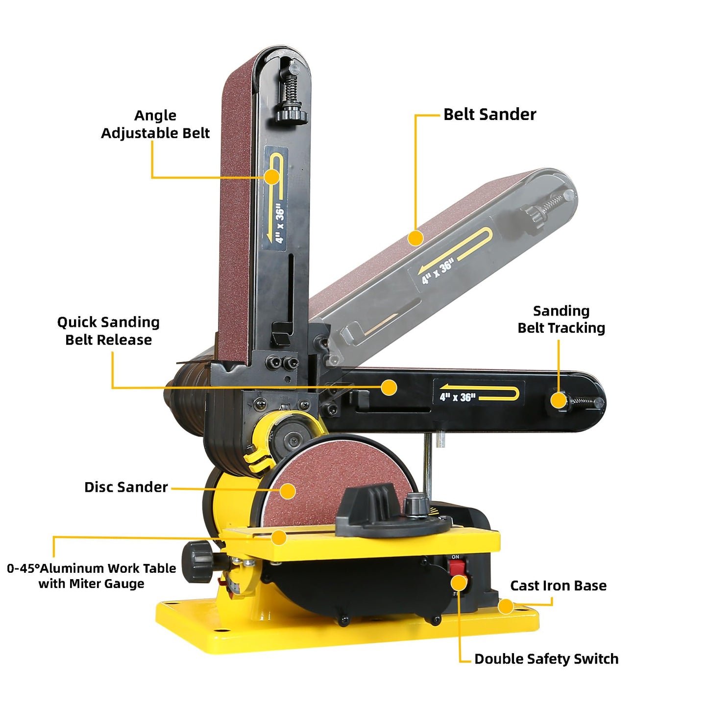 Woodskil 4.3A Belt Sander, 4 x 36 in. Belt & 6 in. Disc Sander, Double Dust Exhaust Port, Steel Base, 2Pcs Sandpapers Included