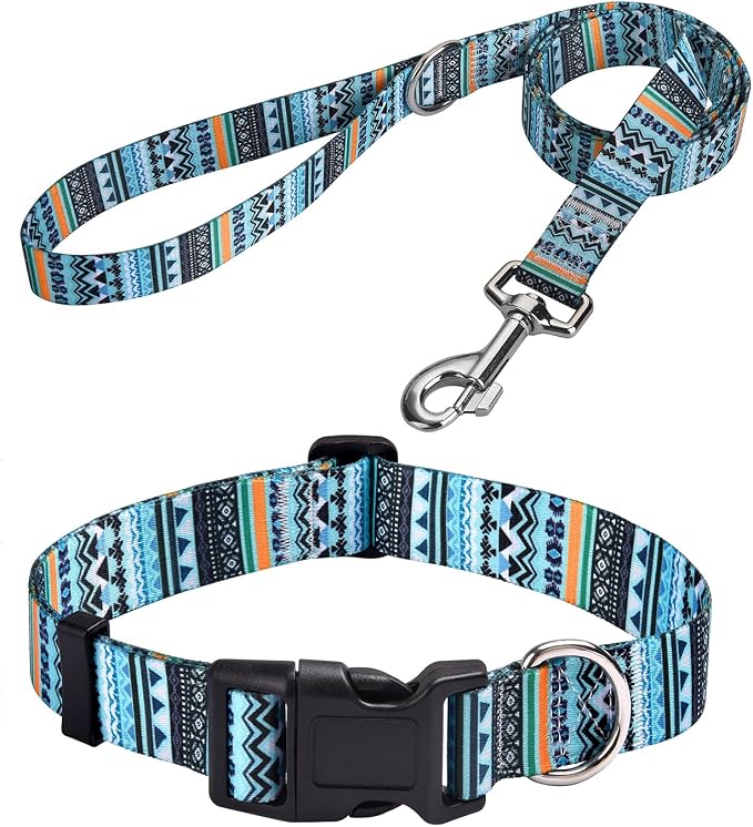 MarukoPet Dog Collar and Leash Set, Adjustable for Small Medium Large Dogs Puppy, Cute Design with Bohemia Floral Tribal Geometric Patterns Boys Girls Dog Collar(Green Bohemia Set,L)