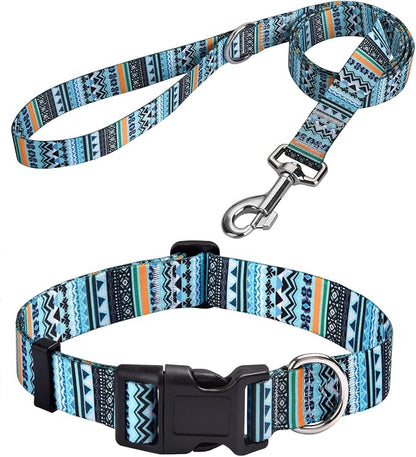 MarukoPet Dog Collar and Leash Set, Adjustable for Small Medium Large Dogs Puppy, Cute Design with Bohemia Floral Tribal Geometric Patterns Boys Girls Dog Collar(Green Bohemia Set,XS)