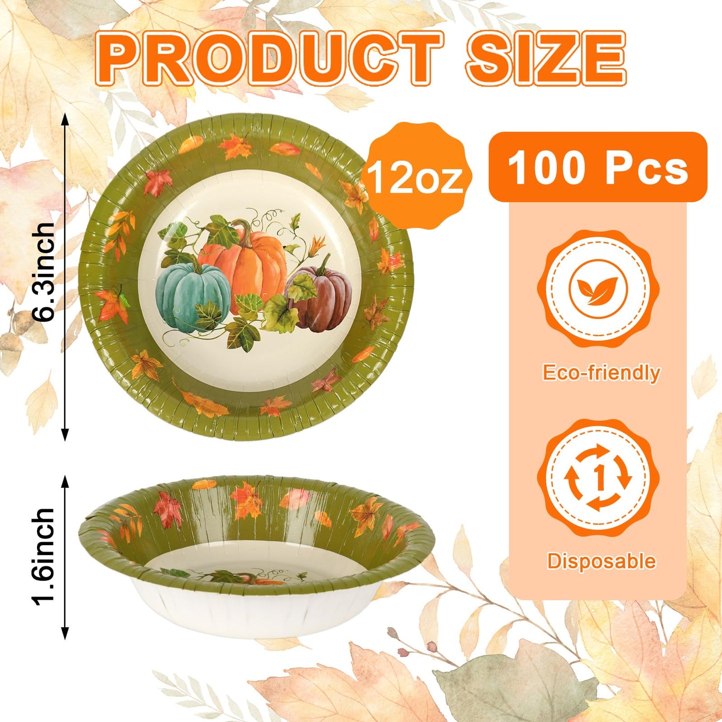 Whaline 100 Pcs Fall Paper Bowls Pumpkin Maple Leaves Treat Snack Cups Watercolor Ice Cream Bowl for Autumn Thanksgiving Food Party Supplies