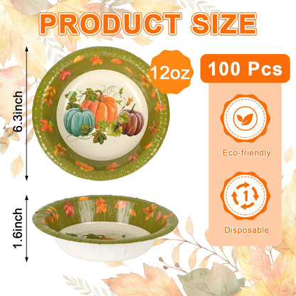 Whaline 100 Pcs Fall Paper Bowls Pumpkin Maple Leaves Treat Snack Cups Watercolor Ice Cream Bowl for Autumn Thanksgiving Food Party Supplies