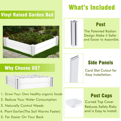 Kdgarden Raised Garden Bed Kit 4'x4' Outdoor Above Ground Planter Box for Growing Vegetables Flowers Herbs, DIY Gardening, Whelping Pen and More, Screwless White Vinyl Garden Bed with Grid