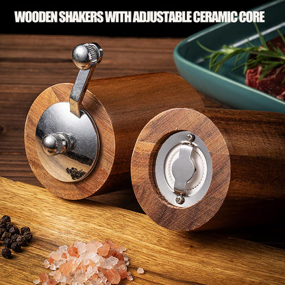 Acacia Wood Salt and Pepper Grinder Mills Sets,Wooden Shakers with Adjustable Ceramic Core,Classic Manual Salt Grinder Refillable Pepper Mill Set with a Gear Crank System for kitchen Spice