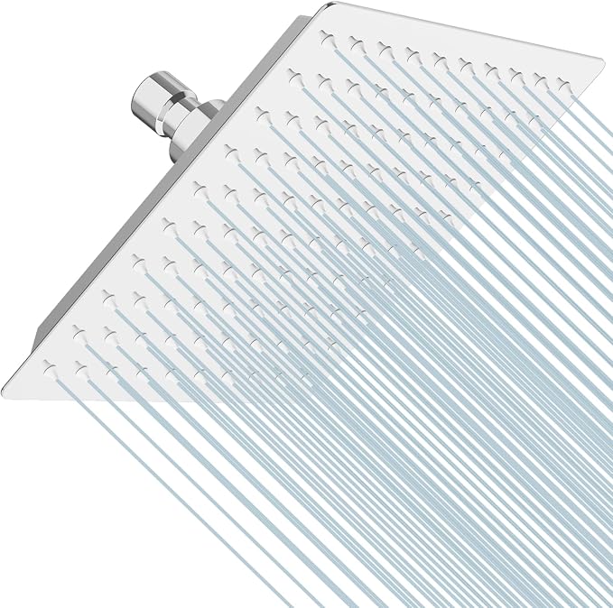 BESy 8 Inch Rain Shower Head, 8" Square Rainfall & High Pressure Stainless Steel Bath Shower Head, 1/16" Ultra Thin, Waterfall Full Body Coverage with Silicone Nozzle, Polished Chrome
