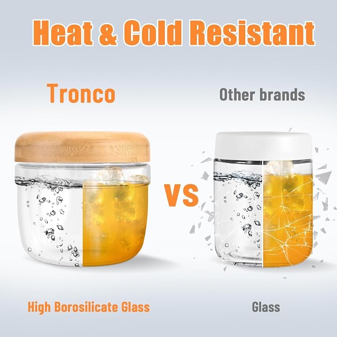 Tronco 24 oz Glass Food Storage & Lunch Bowl Containers with Airtight Lids | Leak & Spill Proof Meal Prep Container with Bamboo Lids, Microwave & Dishwasher Safe, Soup & Stew, Office Lunch,BPA-Free