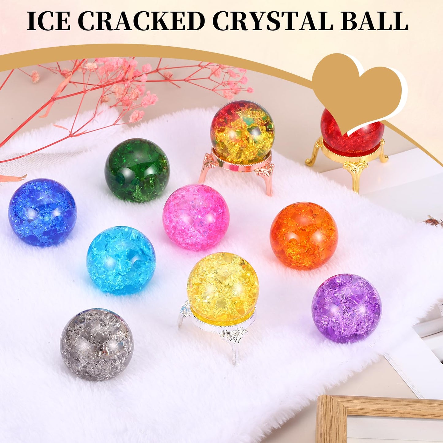 PATIKIL Crystal Ball 40mm, Ice Cracked Glass Ball with Metal Stand, Decorative Crystal Sphere Glass Paperweight for Home Office Table Decor, Yellow/Rose Gold
