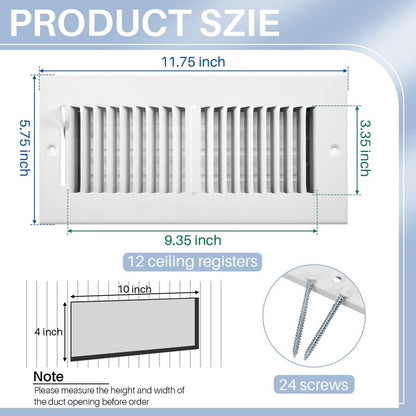Zonon 12 Pcs 10 x 4 Inch (Interior Size) air Vent Cover Ceiling Register Grill Duct Opening Air Supply Diffuser 2 Way Steel Sidewall Ceiling Vent Covers Inlet Manual Adjuster for Home, White