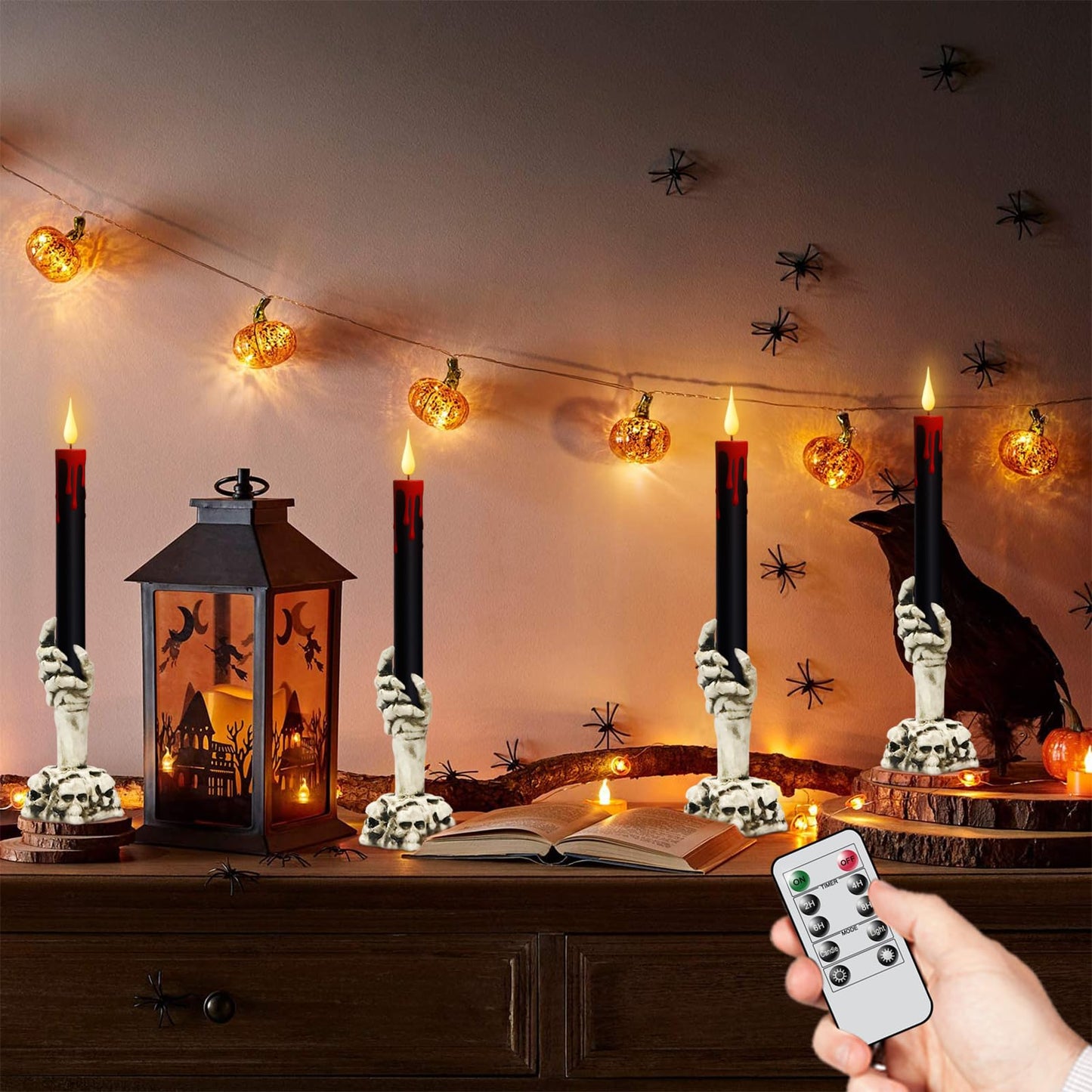 KunSwenn Halloween Flameless Taper Candles with Ghost Hand Candlesticks and Remote Timer, Black Led Taper Flickering Battery Operated Candles with 3D Flame for Halloween Spooky Decoration