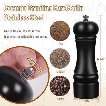 2Pack Wood 6.5 Inches Salt and Pepper Grinder Set and Adjustable Manual Salt and Pepper Mills, with Ceramic Grinding Mechanism, Housewarming Gifts, Cooking Gifts for Men & Women(Black & White)