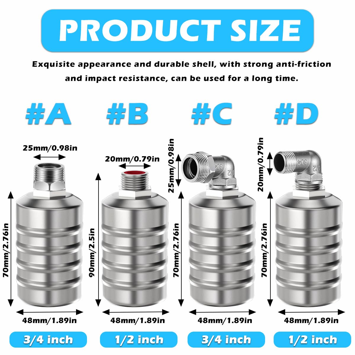 2PCS Stainless Steel Mini Floating Ball Valve, Automatic Water Level Controller for Tank (#D 1/2 '' Side Water Intake)