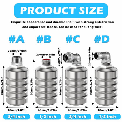 2PCS Fully Automatic 1/2" to 3/4" Water Level Control Float Valve, 304 Stainless Steel Mini Floating Ball Valve Automatic Water Level Controller for Tank