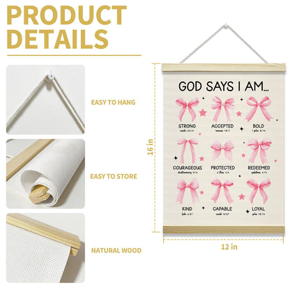 Christian Poster Hanger Frame-God Says I Am, Pink Bow Coquette Posters Canvas Wall Art for Women Girls Dorm Bedroom Decor, 12x16 Inches -027