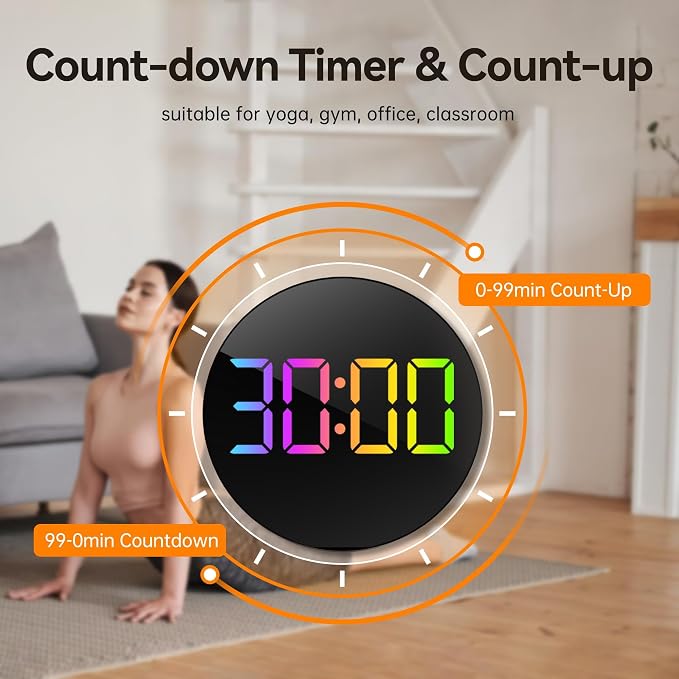 JALL 10" Large Digital Wall Clock with Seconds, Alarm Countdown Timer, Big LED Display, RGB Color, DST, Temperature, Mounted for Bedroom Living Room Office Classroom Gym, Xmas Birthday Gift, Green