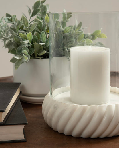Kate and Laurel Trenza Modern Marble Candle Holder with Glass Cylinder, 8 x 8 x 9, White Marble, Transitional Twisted Base Pillar Candle Holder with Hurricane for Entryway or Living Room Decor