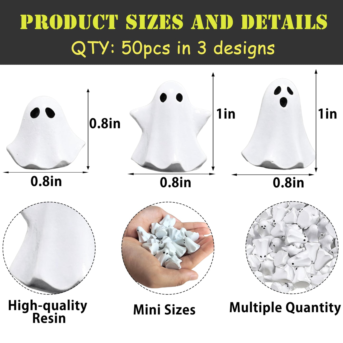 FESTGLOX 50Pcs Mini Resin Ghosts, Small Ghost Figurines, Tiny Halloween Miniatures for Spooky Tiered Tray Decor, Vase Filler, Home Tabletop Shelf Centerpieces, Party Favors Gift