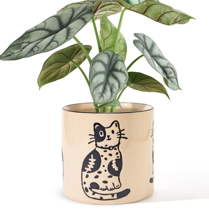 STHIE 5 Inch Ceramic Plant Pots with Drainage Holes, Small Round Flower Pots for Indoor Plant, Unique Animal Flower Planters (Cat)