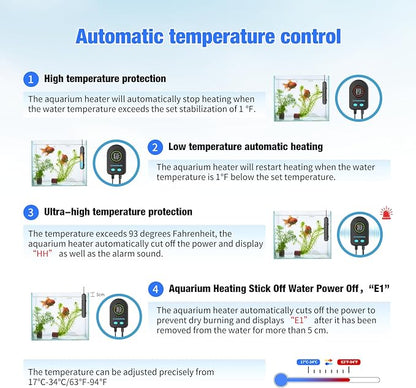 100W Submersible Fish Tank Heater for 10-20 Gallon with Auto Shut-Off When Leaving Water—Aquarium Heater, Dry-Burn & Overheat Protection, Smart LED Display for Betta Freshwater Saltwater