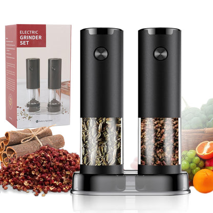 Electric Salt and Pepper Grinder Set - Automatic One-Handed Battery Operated Mill for Steak, BBQ & Meal Prep - Adjustable Coarseness Ceramic Grinder with LED Light & Brush - Essential Kitchen Gift
