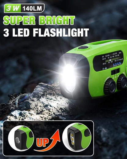 Hand Crank Radio with AM/FM/NOAA Weather Bands,for Emergencies, Camping | 3 LED Flashlights,SOS Function,Solar Powered,Hand Cranked, 2000mAh/7400mWh Charger,for Power Outage - Green