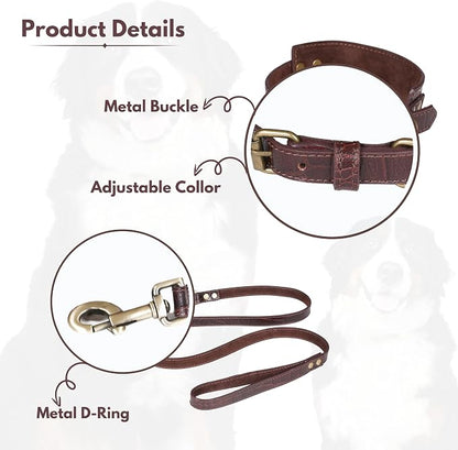 Lightnpro Genuine Leather Dog Collar & Leash Set - Adjustable 18" Collar with Metal Buckle & Reinforced Nylon Leash - Durable Walking & Training Gear for Large Breeds