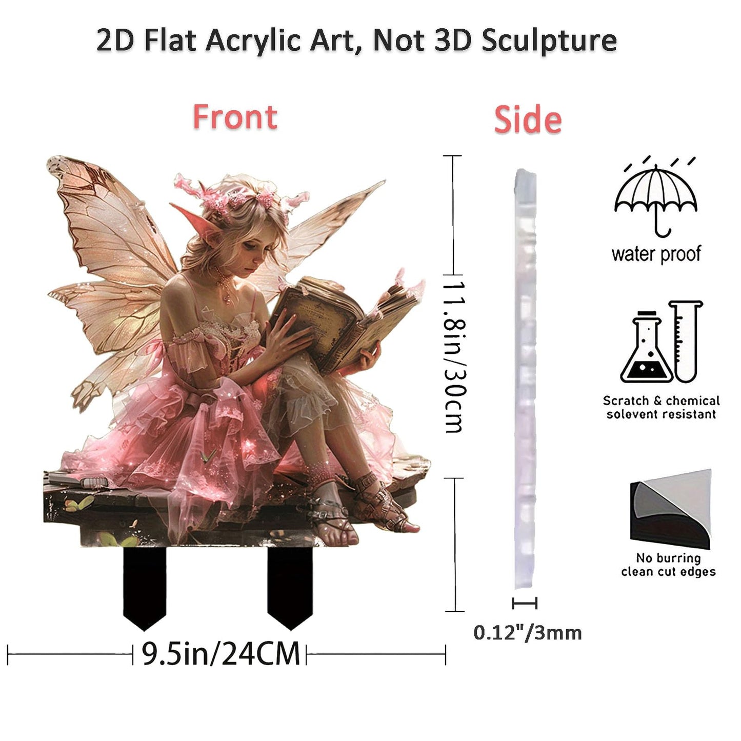 ANNUOZE Fairy Garden Stake Decor, 2D Flat Acrylic Fairy Garden Decor Panel, Elf Yard Sign for Outdoor Indoor Yard Lawn Plants Pots, Fairy Backyard Accessories (Pink Fairy Reading a Book)