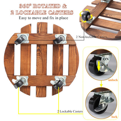 2 Pack 12" Plant Caddy with Wheels, Rolling Plant Stand 220 LB Heavy Duty Wooden Round Plant Dolly with Metal 360° Lockable Caster Wheels for Outdoor Indoor Large Plant Pots, Flower Pot, Patio