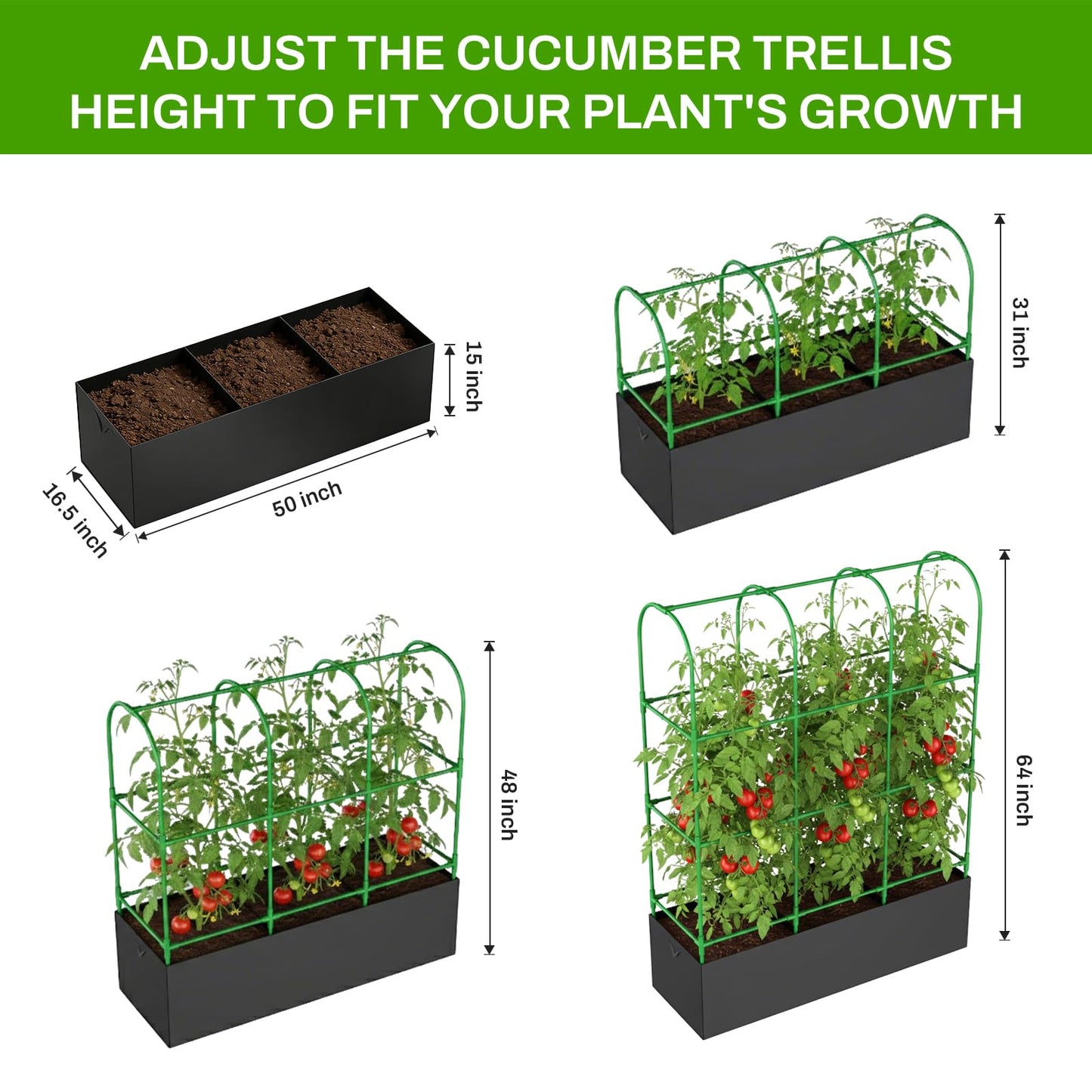 U-Shape Cucumber Trellis with Grow Bag, 64" Tall Metal Garden Trellis for Climbing Plants Outdoor, Reusable Cucumber Trellis for Raised Bed with Garden Netting for Tomatoes, Peas, Plant Vines Support