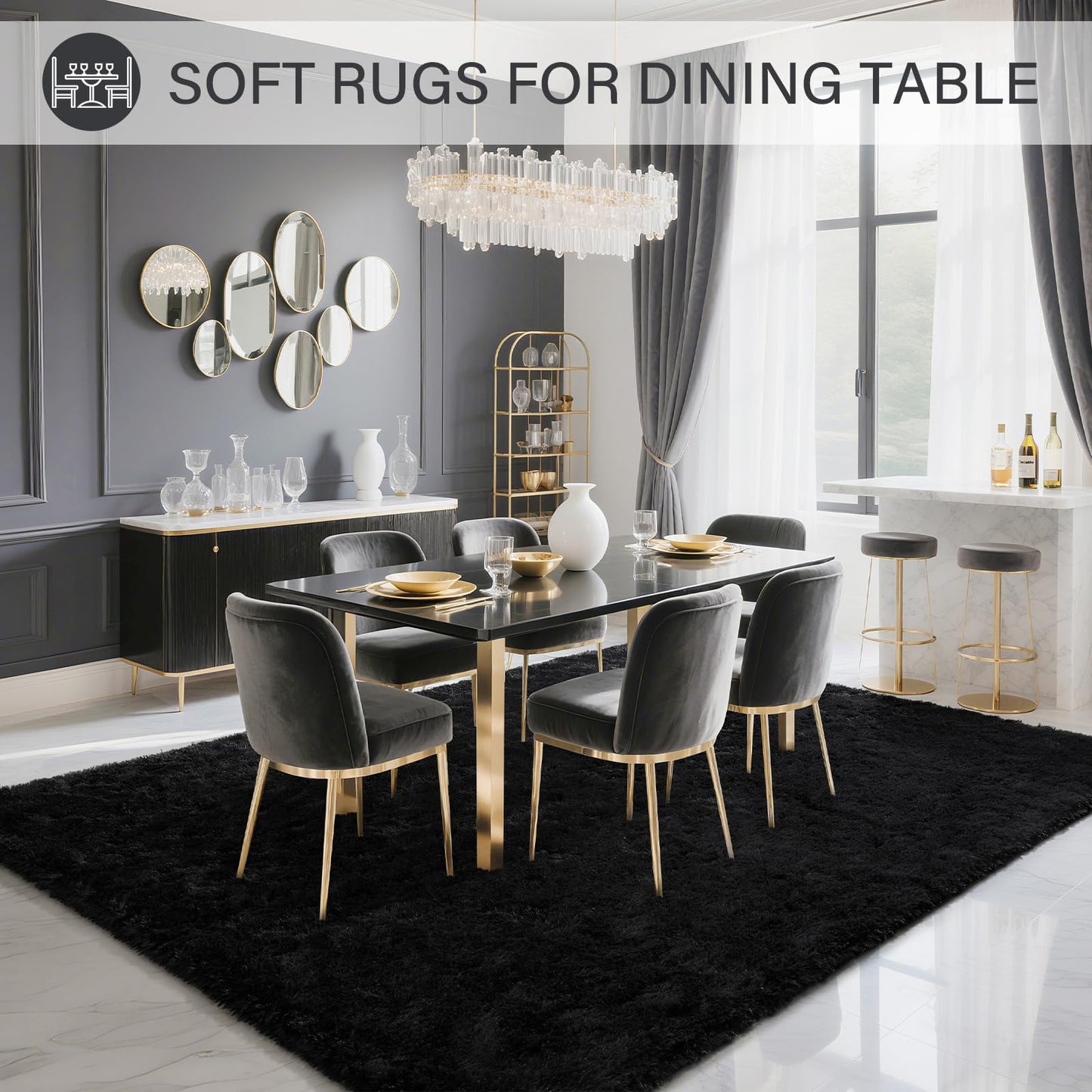 BENRON Fluffy Rugs for Living Room 5x8 Black, Washable Large Area Rugs for Bedroom Dining Table Office Kids Nursery Room, Washable Indoor Floor Carpets