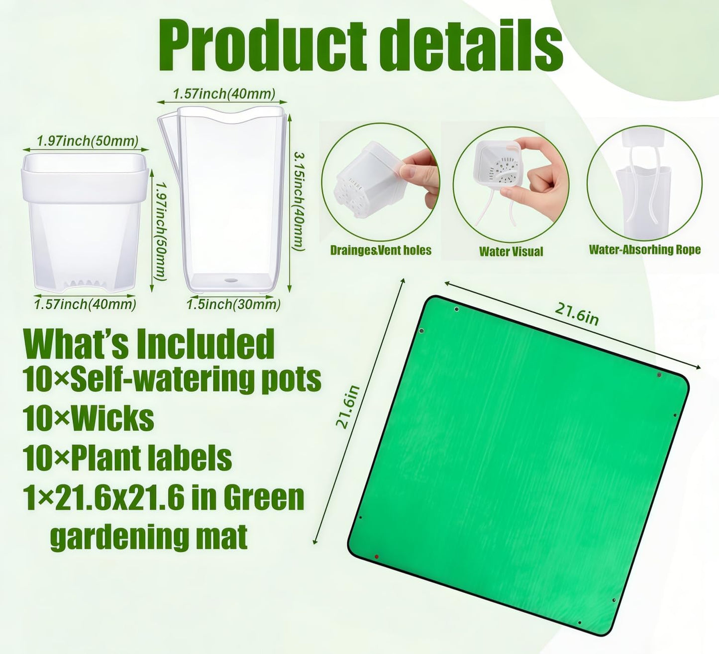 10 Pack 2" Mini Self Watering Pots for Indoor Plants, Small Self Watering Nursery Pots with Drainage Holes, Clear Plastic Plant Pots for Succulents, Cuttings, Herbs (Incl. 50x50cm Gardening Mat)