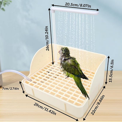 Automatic Bird Bath Fountain with Anti-Bite Cord Protector, Large Parrot Bathtub with Running Water Faucet, USB Electric Bird Shower for Parakeet, Cockatiel, Conure, African Grey, Lovebirds (Beige)
