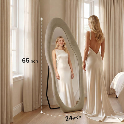 ZHUNFA Full Length Mirror,65×24 Mirror Full Length Wall Mounted Wrapped in Flannel,Featuring an Irregular Cloud Shaped Design,Room,Bedroom,Living Room Home Decor,Light Coffee.