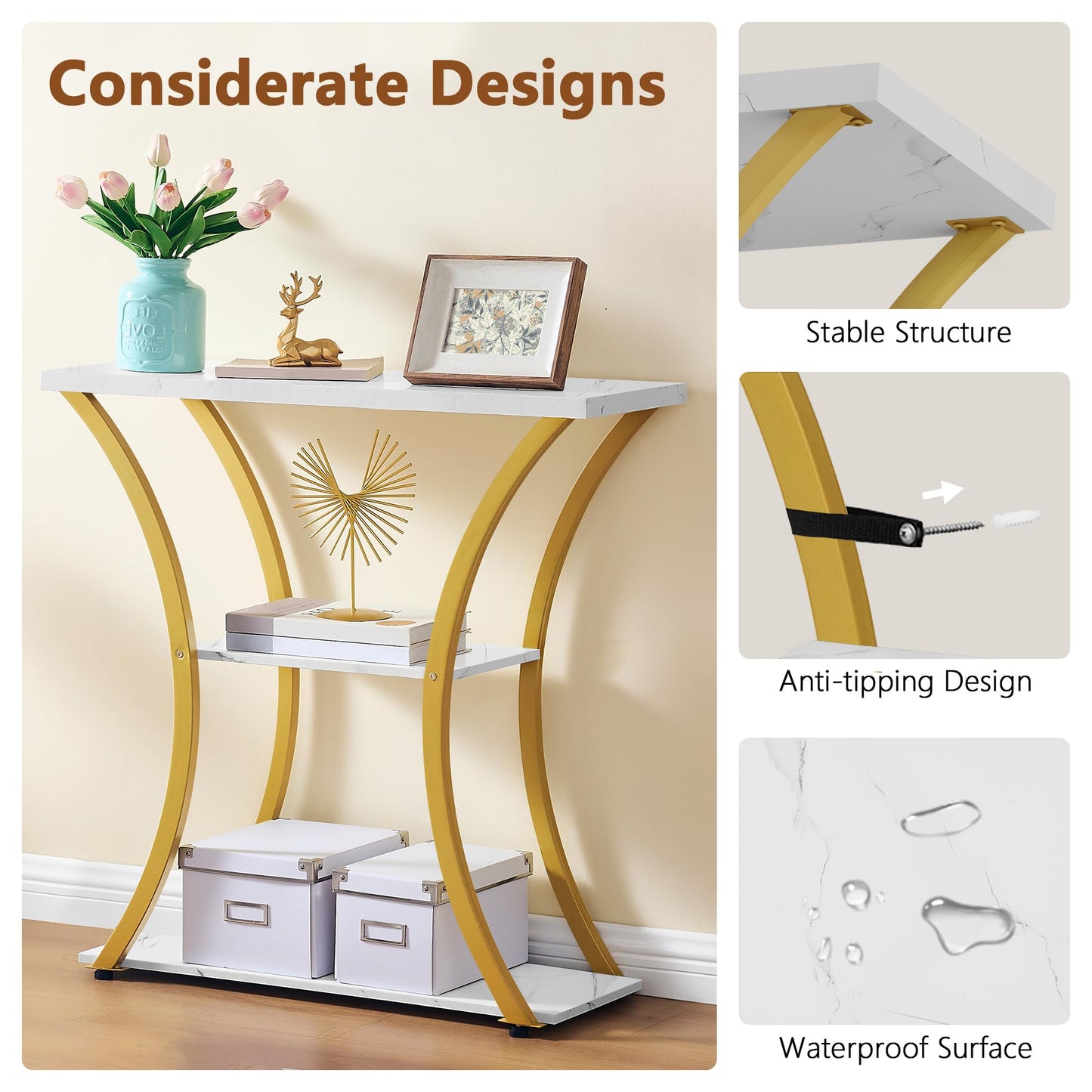 Hoctieon 3 Tier Console Table with Open Wood Shelves, Decorative Entryway Table with Curved Metal Frames, Narrow Sofa Table for Entrance, Living Room, Hallway, Gold and White Marbled