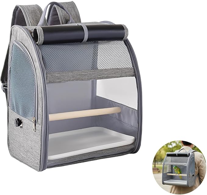 Gray Bird Backpack Carrier, Pet Travel Cage with Breathable Mesh, Large Space Parrot Backpack for Cockatiels Pigeons, Portable Cage with Perch & Tray, 12.2 X 9.6 X 15 in