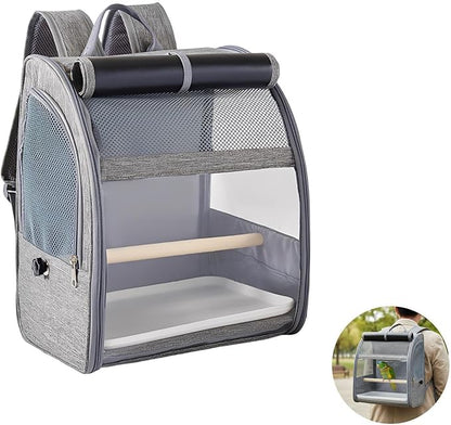 Bird Backpack Carrier, Gray Pet Travel Cage, Mesh Window, Large Space for Cockatiels and Pigeons, Portable with Removable Perch & Tray, 12.2 X 9.6 X 15 in