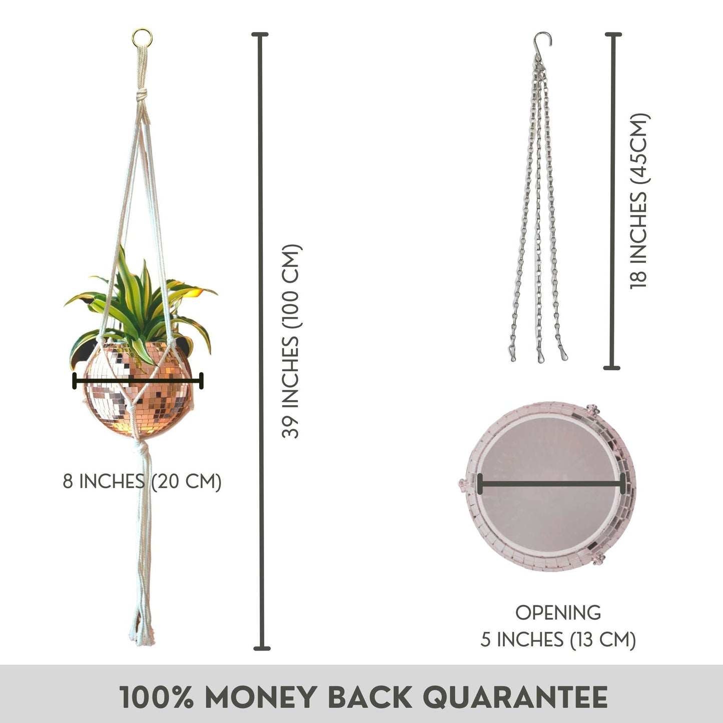 SCANDINORDICA Disco Ball Planter 8" Rose Gold with Chain and Macrame Hanger and Disco Ball Planter Pot 4.3" with Saucer (0.3x0.3 mirror tiles)