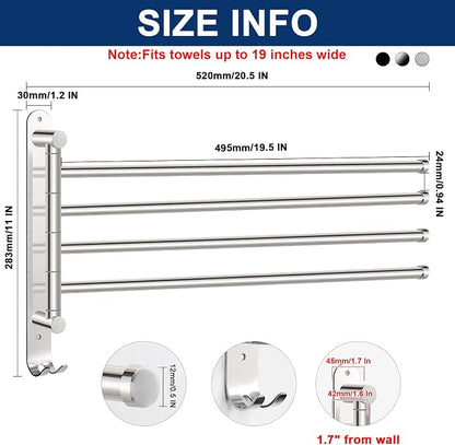 NearMoon Swivel Towel Rack, 19.5" Thicken 304 Stainless Steel 4-Arm Towel Bar, Space Saving Wall Mounted Towel Holder with Hook, Rustproof Swing Out Towel Hanger for Bathroom, Kitchen (Chrome Finish)