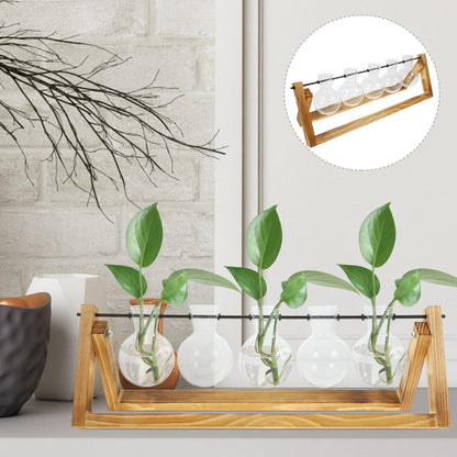 FOMIYES Glass Flower Vase Propagation Station with Wooden Stand, Hydroponic Plant Vases for Desktop Home Decoration, 5pcs Set for Indoor Green Plant Growing and Terrarium Display