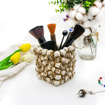 BowBei Halloween Decor Skull Pen Holder - Goth Human Skull Makeup Accessory Brush Holder for Desk Gothic Spooky Pencil Cup Desktop Storage box Organizer for Home Office Women Man Birthday Gift