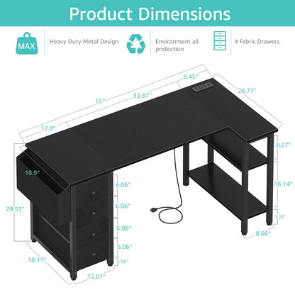 Lufeiya L Shaped Gaming Desk with Drawers & Storage Shelves, 55 Inch Corner Computer Desk with Power Outlet for Home Office Bedroom, L-Shaped Teen PC Desks with Fabric Drawer, Black