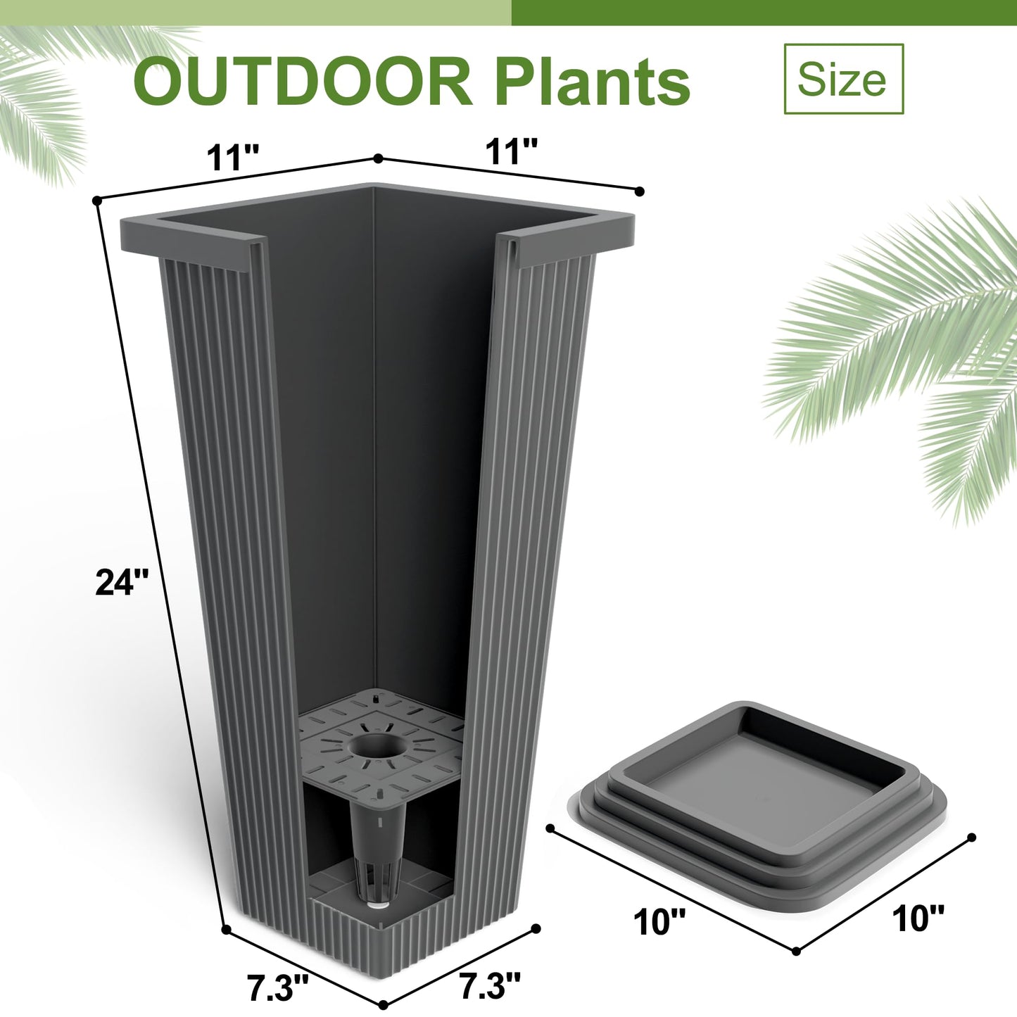 YESUNEED 24-Inch Tall Planters Set of 2 for Outdoor and Indoor Use,Tapered Flower Pots with Drainage Tray, Front Porch and Patio Decor,Ideal for Large Plants (Stripes-Grey)