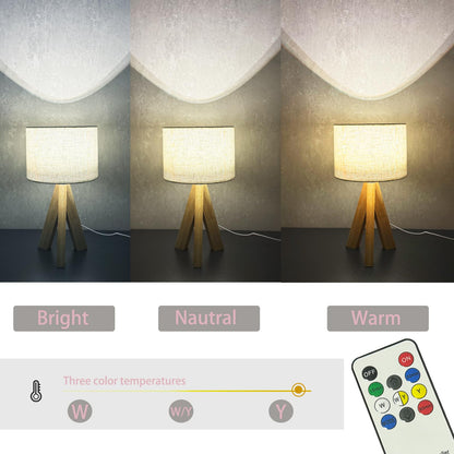 Tripod Table Lamp, Small Cute Bedside Lamp with Linen Beige Lampshade, Nightstand Lamp for Nursery, Bedroom, Kid Room, Living Room, Light Brown Wooden Base, E26 Socket, 12.8Inch, 3000K, 4500K, 6000K