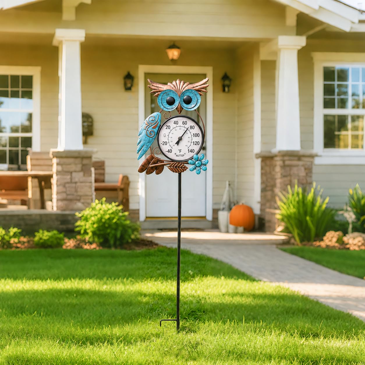MUMTOP Outdoor Thermometer, 42 Inch Metal Owl Garden Stake Outside Wall Thermometer for Patio, Yard and Garden