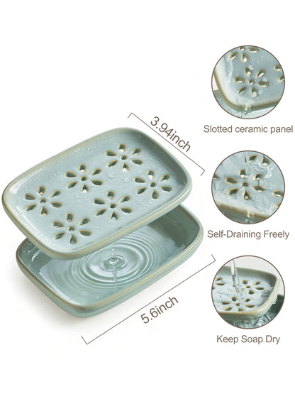 Miamolo Soap Dish for Shower with Drainage, 2-Tier Soap Holder for Bar Soap Sponge, Ceramic Soap Dish with Removable Drip Tray for Bathroom Sink, Mess-Free, Easy Cleaning Dishwasher Safe, Blue
