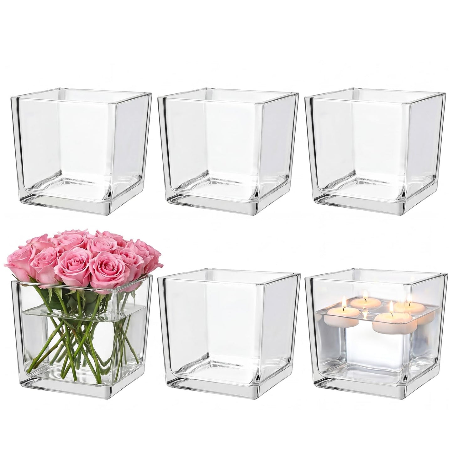 6 Pack Square Glass Vases 5"x 5" x 5", Plant Terrarium, Floating Candle Holder, Clear Bulk Flower Vases for Centerpieces,Wedding Party, Office Decorations, Home Décor, Events